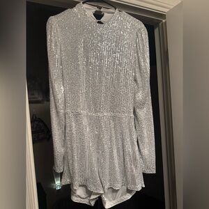 Long sleeve Silver sequin jumpsuit shorts